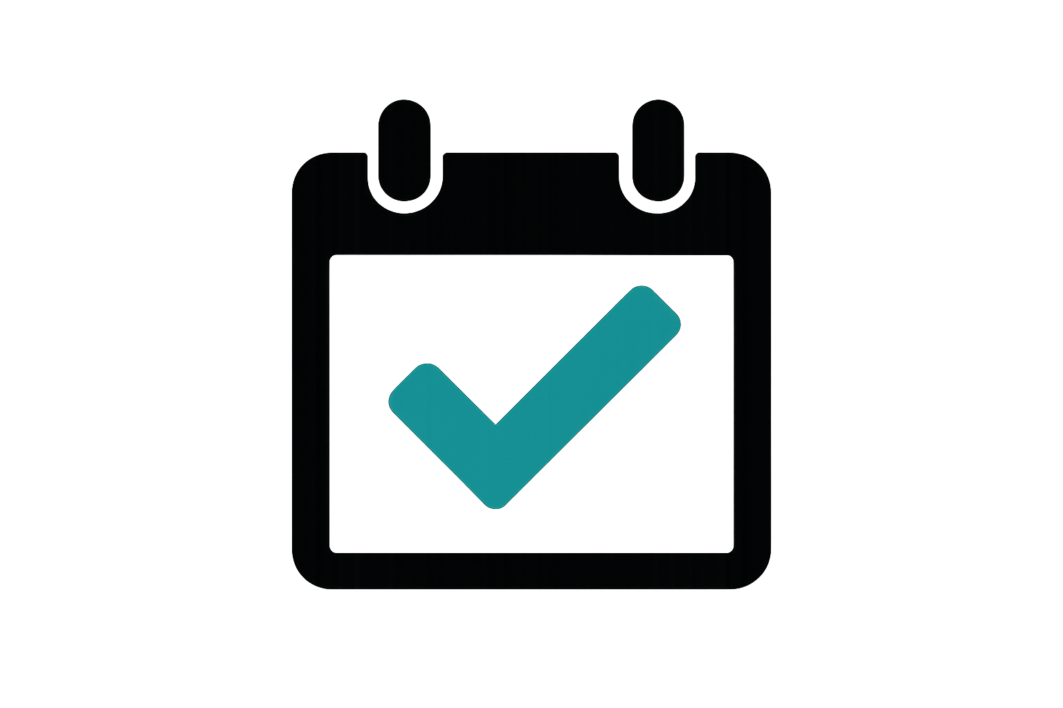 A black icon of a Calendar page with checkmark in hex code #12A9A1