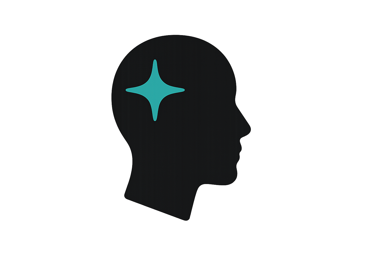 icon of a Head profile in black with a small spark/star at the temple of the head in hex code: #12A9A1. the background is transparent.