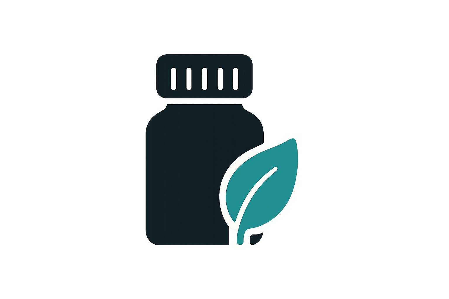 icon of a small, black supplement bottle with a small leaf accent in the color #12A9A1