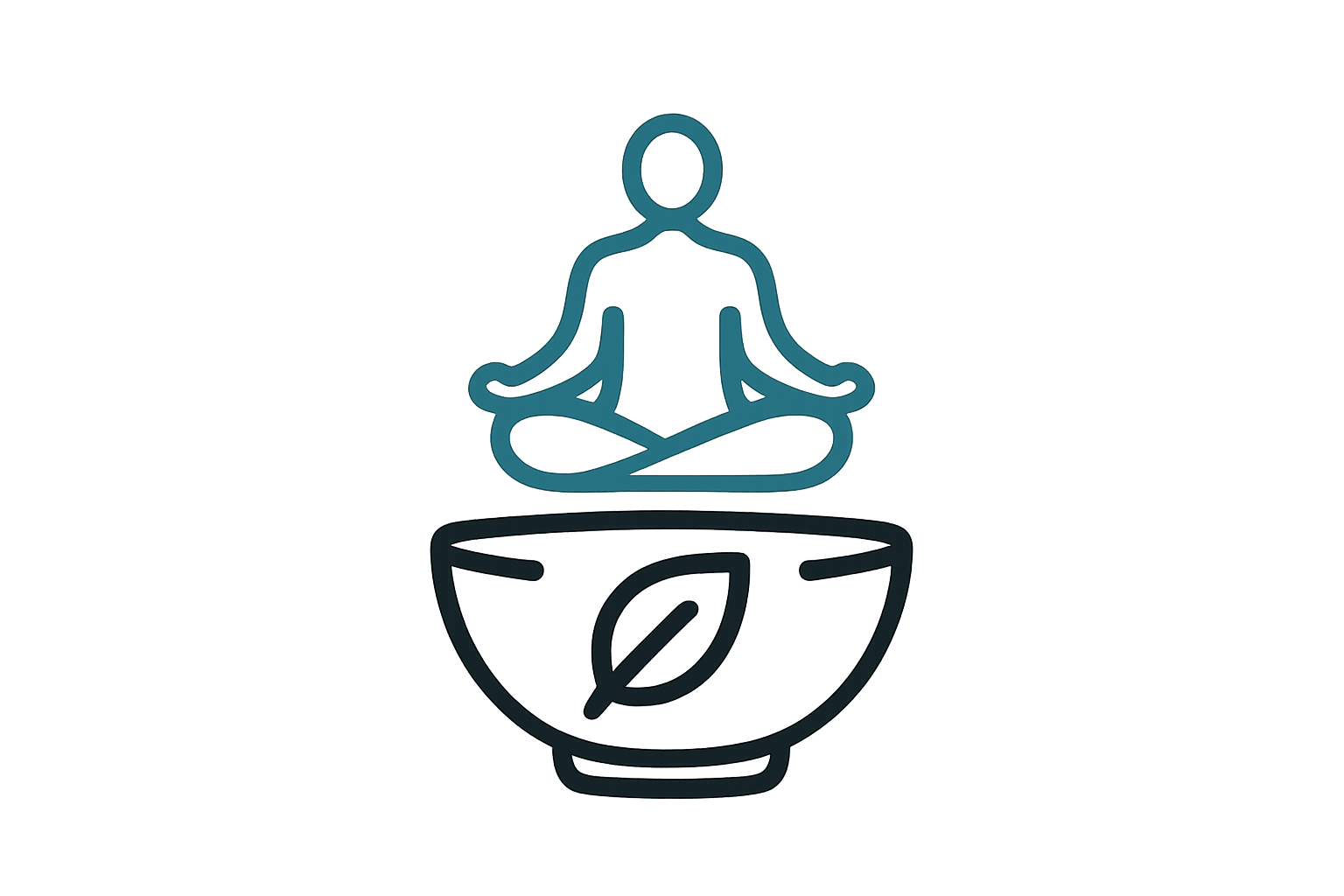 make an icon of A bowl with a leaf inside, and above it a small, calm silhouette in a meditative pose (lotus). make sure the background is transparent. use the colours black and hex code #12A9A1.