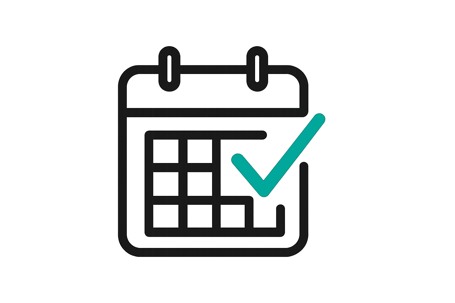 make an icon of a calendar with a checkmark. make sure the background is transparent. use the colours black and hex code #12A9A1.