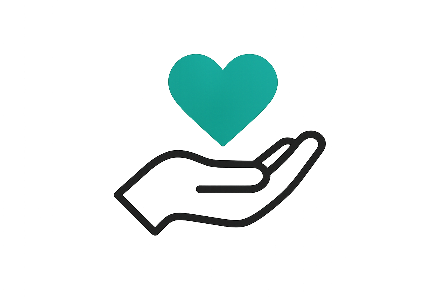 make an icon of a heart inside a hand with a transparent background. the color scheme should be black and hex code #12A9A1.