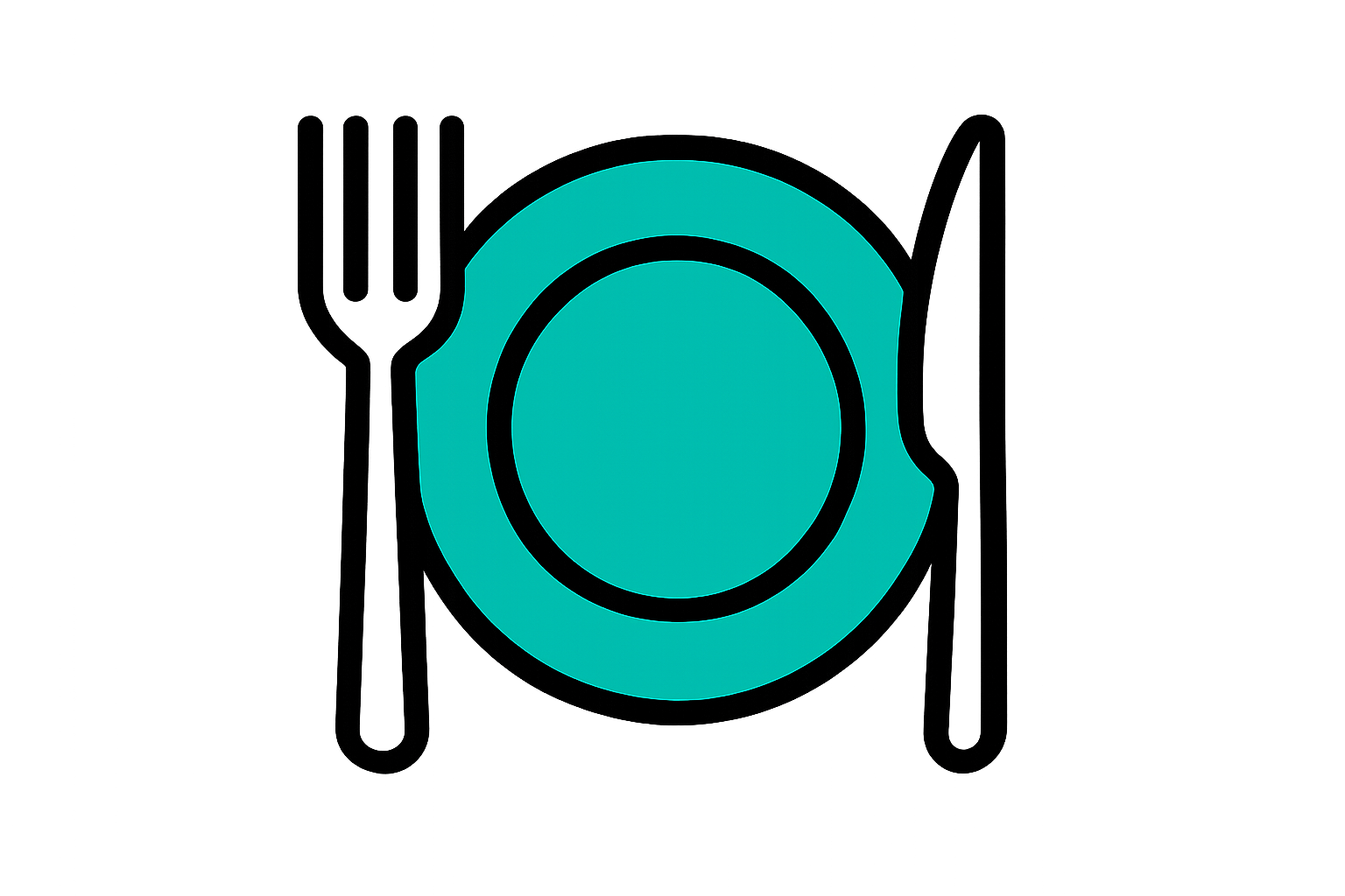 make an icon of a plate and cutlery. the background is transparent. the plate is hex code #12A9A1 colour. the cutlery is black.